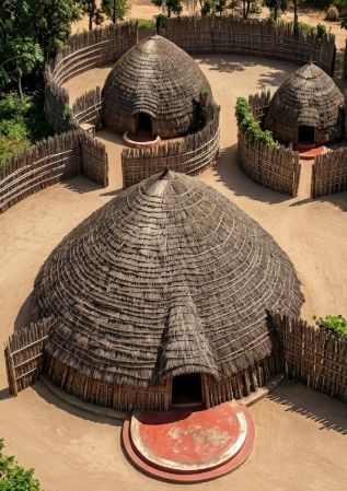 Maison traditionnelle rwandaise et cour intérieure
